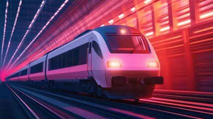 Naklejka premium A highspeed train in a glowing industrial depot, with automated systems working seamlessly to conduct realtime maintenance
