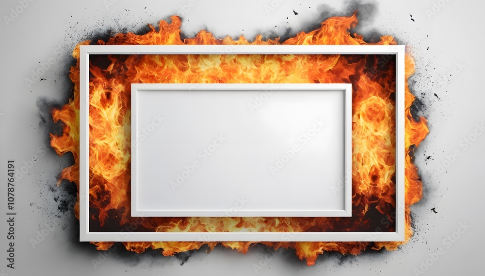 Poster versatile empty white poster frame against a dramatic fire background for creative display of artwor