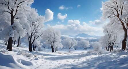 Sunlit snowy woods with fresh trails and frosted trees, tranquil winter nature scene under blue sky