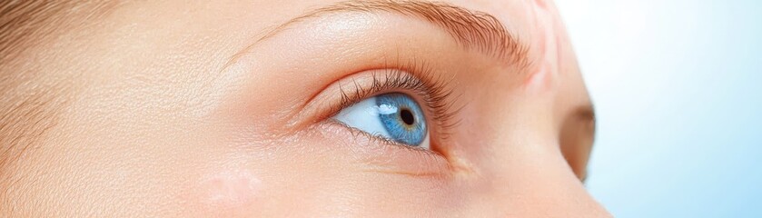 Obraz premium A close-up of a blue eye with a soft focus, showcasing the intricate details of the iris and surrounding skin.