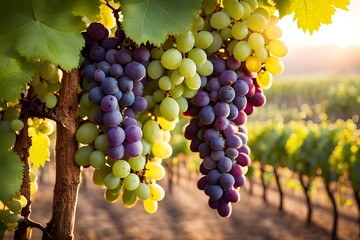 Fototapeta premium Clusters of green and purple grapes on a branch in a rustic vineyard with golden sunlight, Ai Generated