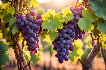 Fototapeta premium Clusters of green and purple grapes on a branch in a rustic vineyard with golden sunlight, Ai Generated