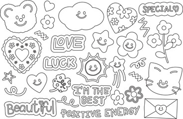Cute outlines of teddy bear, cat, clover leaf, star, flower, heart, sun for positive energy, happy emoji, Valentine's Day, cartoon characters, patch, lucky icon, kid colouring book, art, painting, ads