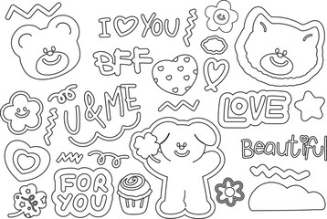 Cute outlines of teddy bear, cat, clover leaf, puppy, star, flower, heart, cupcake for animals, cartoon character, cute patches, standee, shirt print, dessert, kid colouring book, art, painting, zoo