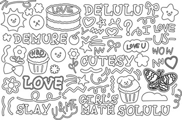 Cute outlines of butterfly, cake, cupcake, flower, sun, girl's power words for women empowerment, sweet dessert, cafe, cute patches, brooch, font, campaign badge, kid colouring book, art, painting, ad