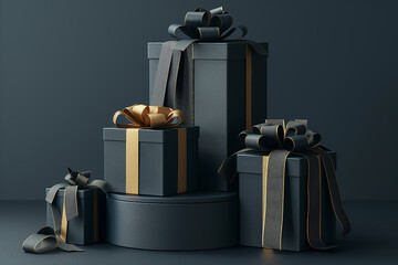 A stack of black boxes with gold ribbons on top