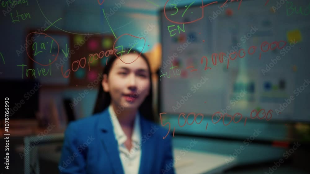 Poster businesswoman in a blue suit is explaining data on a transparent board. she is pointing at the board
