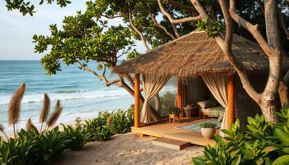 Fototapeta premium cabane cosy dans les arbres sur une plage de l'océan indien