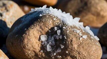 Close-up of a weathered beach rock sprinkled with crystalline sea salt. The macro details bring out the texture and contrast between rough rock and sharp, glistening salt crystals, with warm light add