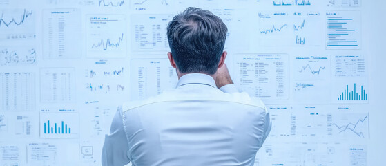 Businessman in expansive office, intently studying detailed whiteboard filled with strategic plans and ideas