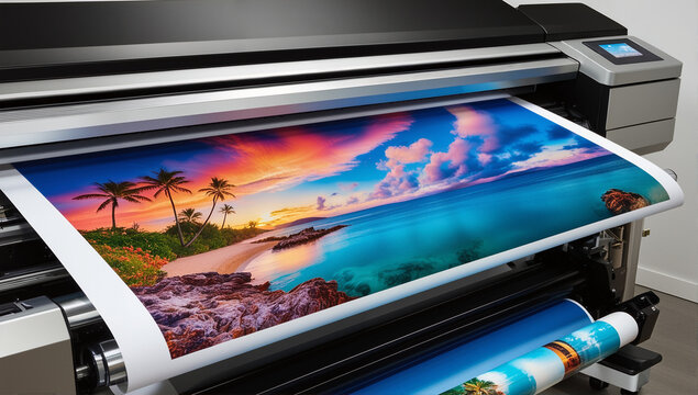 Large Format Professional Photo Printer Producing Vibrant Tropical Beach Sunset Image on High-Quality Paper with Professional Color Output