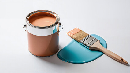 Open Paint Can with Fresh Orange Colored Paint and Professional Wooden Handle Paintbrush for Home Renovation and Interior Decorating Projects