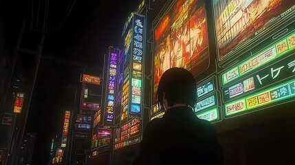 Cyberpunk anime streets illuminated with neon lights and holographic ads