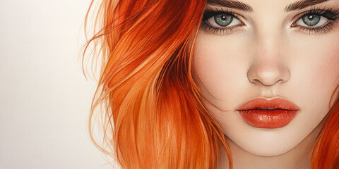 Fototapeta premium A woman displays her striking features, featuring vibrant red hair and captivating blue eyes