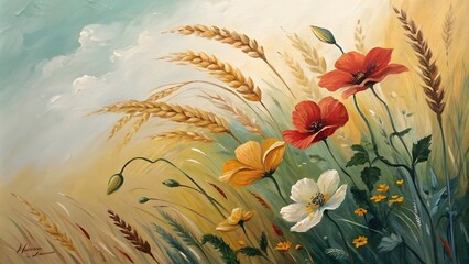 Abstract Art with Flowers and Golden Grain, Golden Grains and Flower Abstract on Canvas
