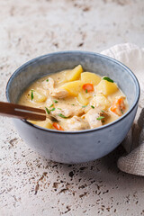 Chicken stew in creamy sauce with potatoes and carrots. Comfort food concept.