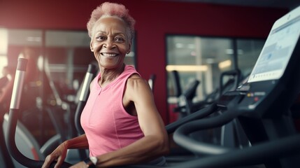 Fototapeta premium Elderly African Grandma Radiates Joy After Fitness Session - AR 16:9