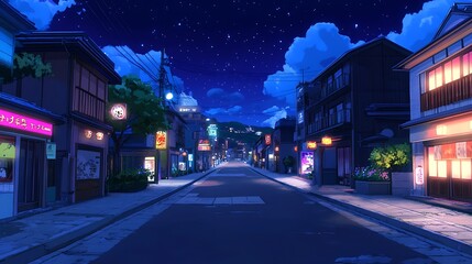 Anime-style neon lit street in a futuristic city