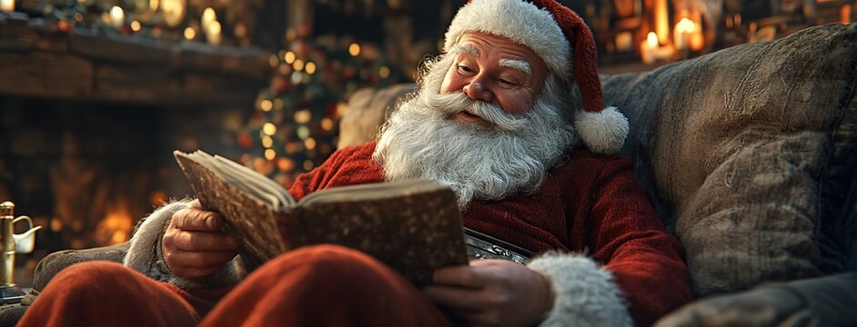 Santa reading his Christmas list while sitting on a cozy couch by the fireplace