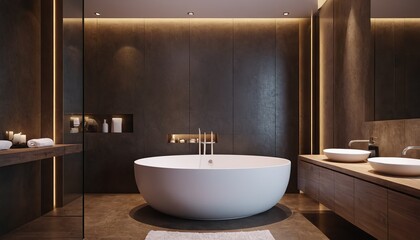 A bathroom that has a white bathtub and decorations situated near a wooden wall 2