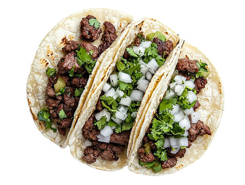 Three tacos with meat, onions, and cilantro