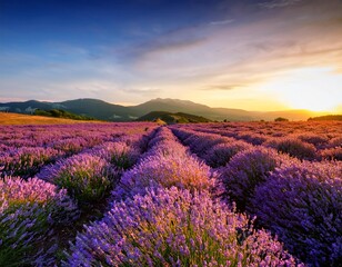 Obraz premium Rolling Fields of Lavender Flowers Stretching Across the Horizon, Framed by a Majestic Mountain Range and a Golden Sunset, Captured for a Vibrant Landscape Scene
