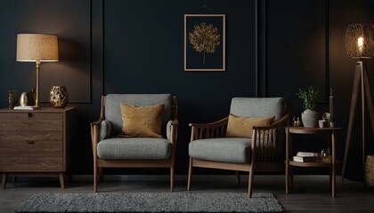 a black living room with a chair and a painting on the wall 308