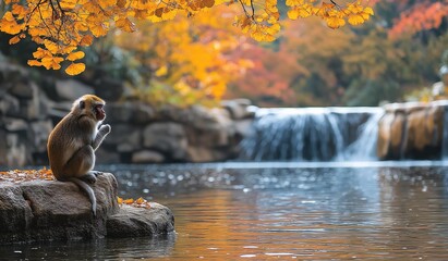 Obraz premium AI generator image of cute monkey with monkey park .serene,peaceful Ginkgo tree garden with a koi pond, Ginkgo blossoms in full bloom