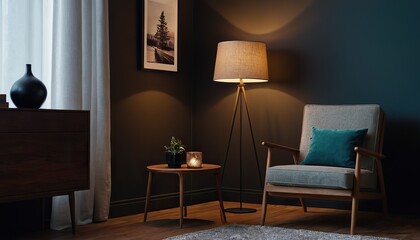 a black living room with a chair and a painting on the wall 305