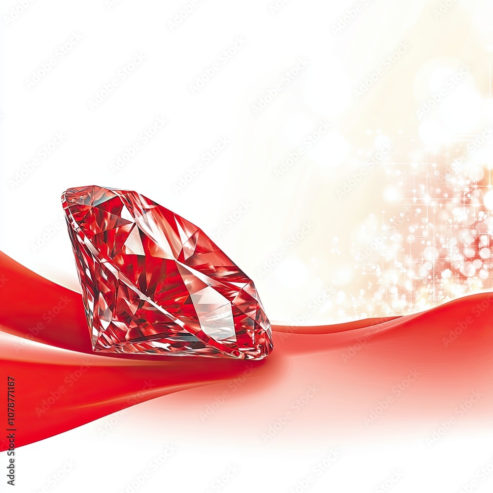 Poster Elegant Red Ruby Gemstone Glimmers on a Flowing Red Silk Background With Soft Sparkles