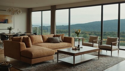 A bright, white living room with a light gray sofa adorned with vibrant yellow pillows 7058