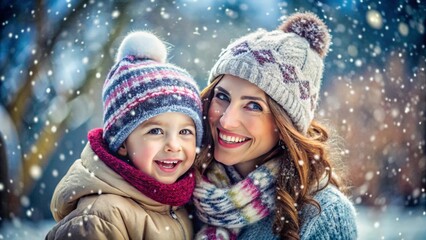 Fototapeta premium Happy family, mother and son wearing a warm winter clotes surrounded with snowflakes in snow park. Winter holidays concept