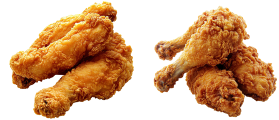 Crispy fried chicken, golden brown drumsticks and wings on white background, perfect for comfort food lovers Isolated on white background or PNG