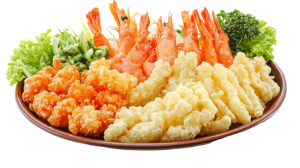 A plate of food with shrimp, fries, and other items