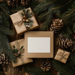 Festive Christmas flatlay with wrapped gifts, pine branches, and blank card for personalized message, perfect for holiday greetings or invitations. Copy space