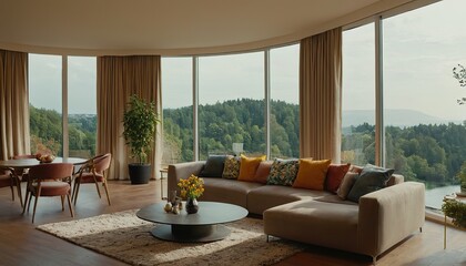 Fototapeta premium A bright, white living room with a light gray sofa adorned with vibrant yellow pillows 704