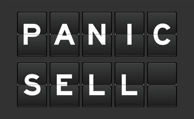 Black color analog flip board with word panic sell on gray background