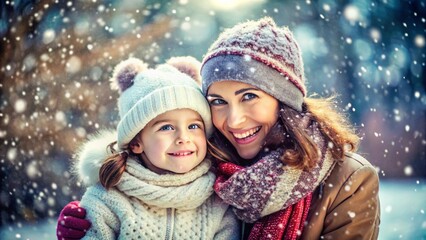 Fototapeta premium Happy family, mother and daughter wearing a warm winter clotes surrounded with snowflakes in snow park. Winter holidays concept