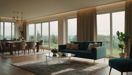 Fototapeta premium A bright, white living room with a light gray sofa adorned with vibrant yellow pillows 702