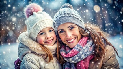 Obraz premium Happy family wearing a warm winter clotes surrounded with snowflakes in snow park. Winter holidays concept