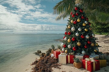 Christmas tree decorated with red, silver, and gold ornaments on the beach with gift boxes and pineapples, sunny sea view.