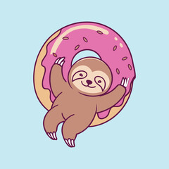 Cute Sloth Is Laying On Doughnuts Animal Food And Drink Concept Isolated Flat Cartoon Style