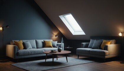 a living room with a gray couch and yellow pillows 607