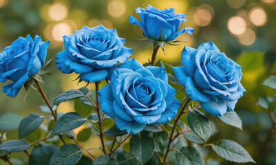 Blue roses bloom in a garden on a sunny day