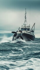 Obraz premium AI generator image of orca wales, jumping out of sea surface, in a cristal clear water glacier 