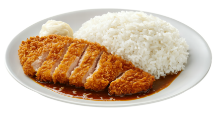 A plate of fried chicken and rice with a side of mashed potatoes