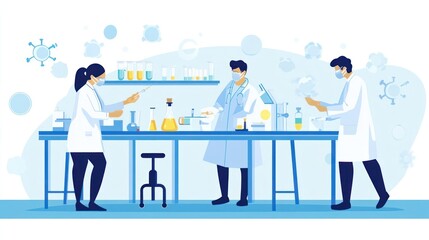 Three scientists in lab coats and face masks conduct experiments in a laboratory setting.