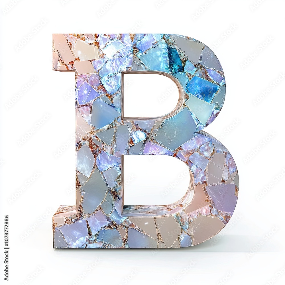 Poster decorative letter b designed with colorful mosaic fragments on a plain white background