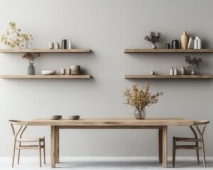 Minimalist office with a large wooden table, neutral walls, and open shelving, creating a calm space for collaborative management