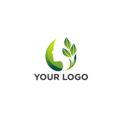 A circular logo with a gradient green design forming a woman's face profile and leaves.